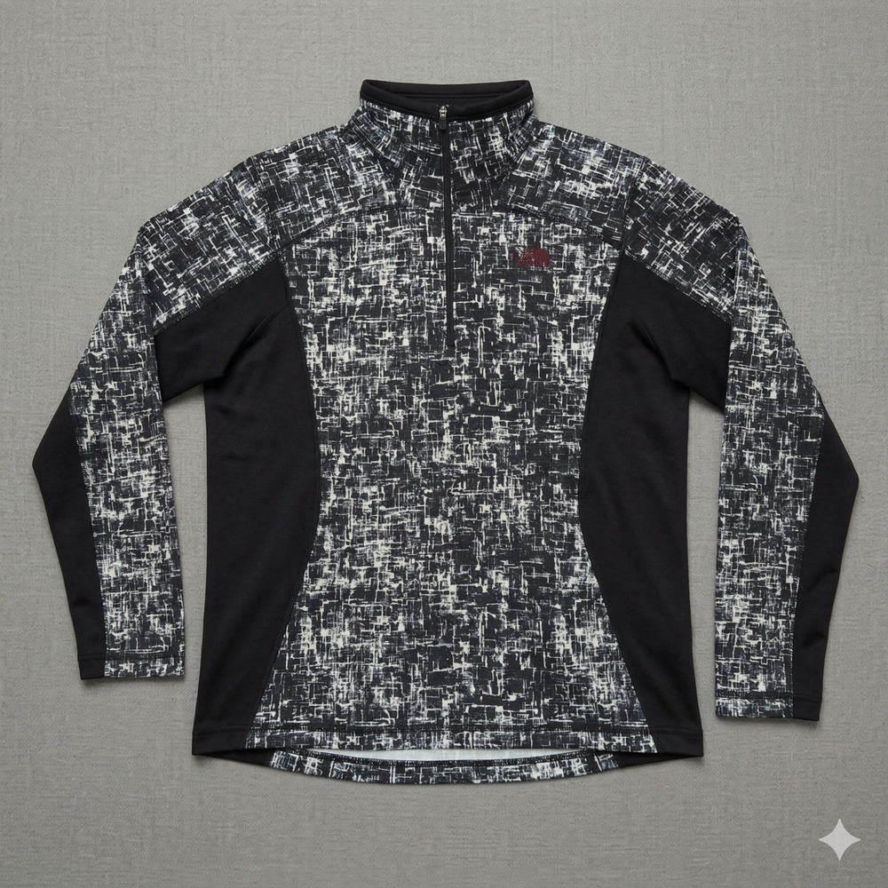 The North Face Mens 1/4 Zip Pullover Black White Abstract Grid Fleece Medium